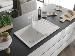 Mexen Bruno granito plautuvė 1 kamerų su lašinimo lenta ir Carla virtuvės maišytuvu, balta - 6513-20-670700-20