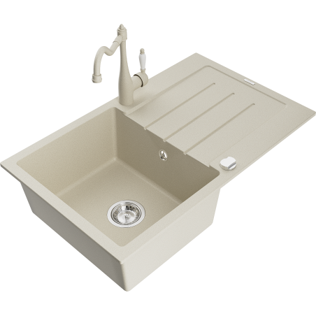 Mexen Bruno 1 skyrių granitinė kriauklė su drenažu ir virtuviniu maišytuvu Carla, smėlio spalvos - 6513-69-670700-69