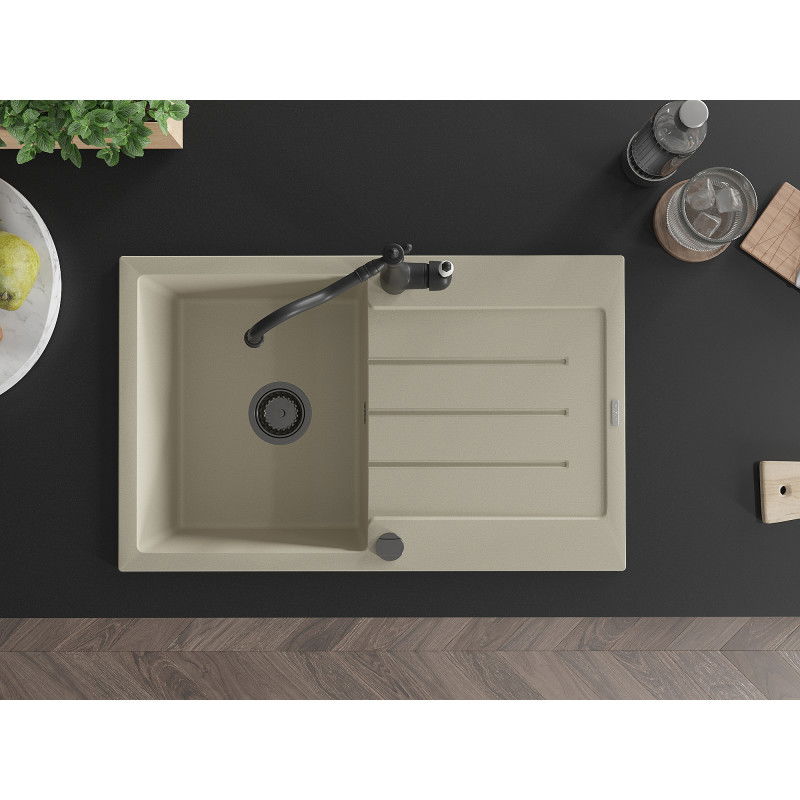 Mexen Bruno granitinė vienos kameros plautuvė su nusausintuvu ir virtuviniu maišytuvu Carla, smėlio spalvos - 6513-69-670700-70