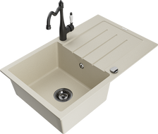 Mexen Bruno granitinė vienos kameros plautuvė su nusausintuvu ir virtuviniu maišytuvu Carla, smėlio spalvos - 6513-69-670700-70