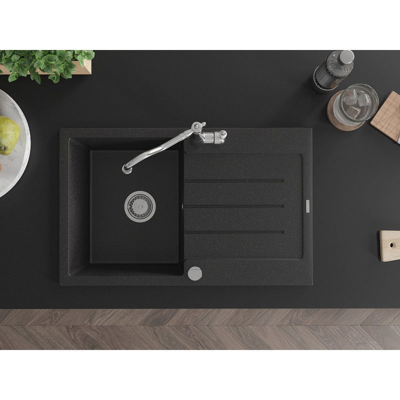 Mexen Bruno granitinė vienos plokštės kriauklė su nutekėjimu ir virtuvės maišytuvu Carla, juoda/sidabrinė metaliko