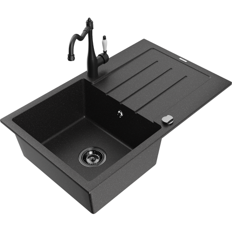 Mexen Bruno granitinis vienos dalies kriauklė su nusausintuvu ir virtuviniu maišytuvu Carla, juodas/sidabrinis metalikas