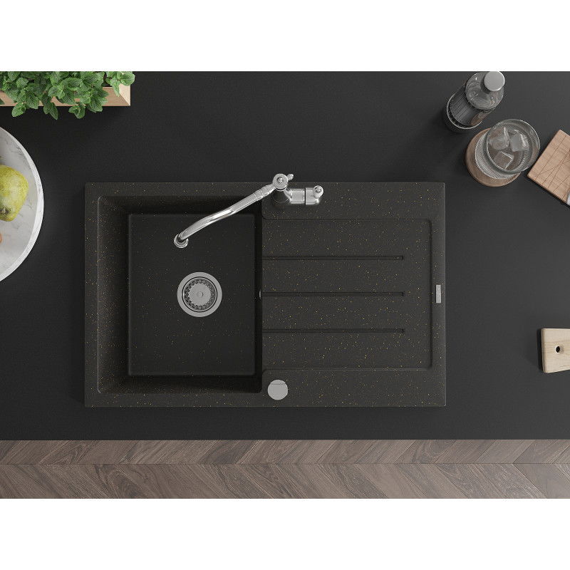 Mexen Bruno granitinis vienos kameros virtuvės plautuvas su nusausinimo lentyna ir virtuvės maišytuvu Carla, juodas/auksinio