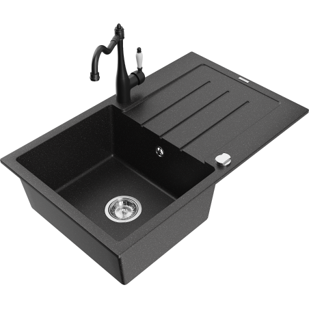 Mexen Bruno granitinė vienos plautuvės kriauklė su džiovyklėmis ir Carla virtuviniu maišytuvu, juodas/sidabrinis metalikas
