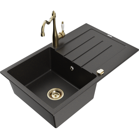 Mexen Bruno granitinė vienos kameros plautuvė su nuvarvėjimo zona ir virtuvine maišytuve Carla, juoda/auksinė metalika