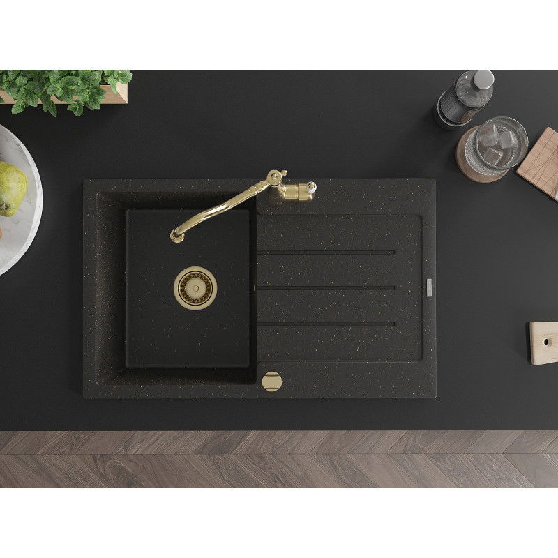 Mexen Bruno granitinė vienos kameros plautuvė su nuvarvėjimo zona ir virtuvine maišytuve Carla, juoda/auksinė metalika