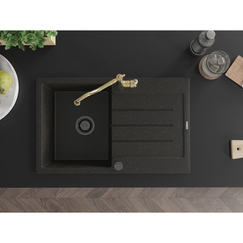 Mexen Bruno granitinė vieno dubens plautuvė su nusausintuvu ir virtuviniu maišytuvu Carla, juoda/auksinė metalo spalva