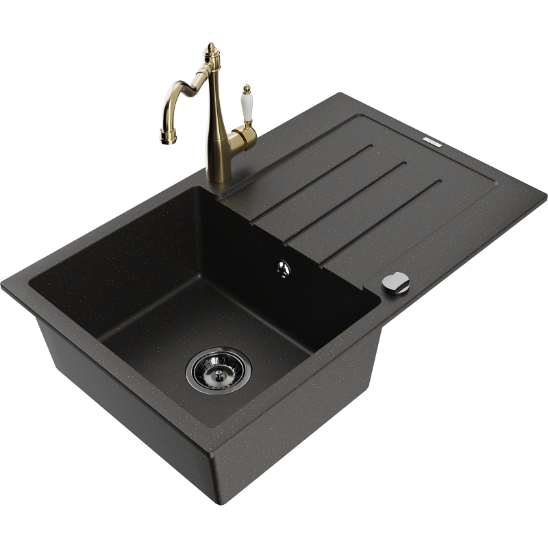 Mexen Bruno granitinė vieno dubens plautuvė su nusausintuvu ir virtuviniu maišytuvu Carla, juoda/auksinė metalo spalva