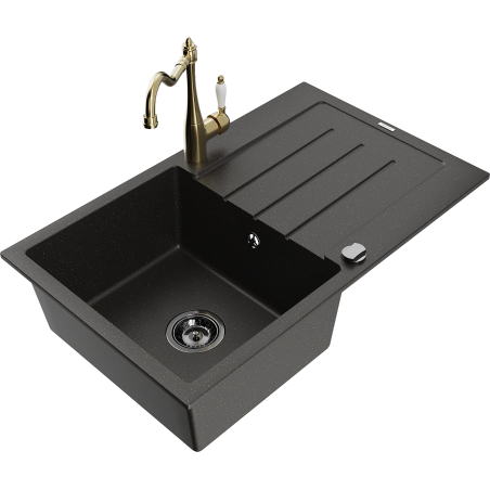 Mexen Bruno granitinė vieno dubens plautuvė su nusausintuvu ir virtuviniu maišytuvu Carla, juoda/auksinė metalo spalva