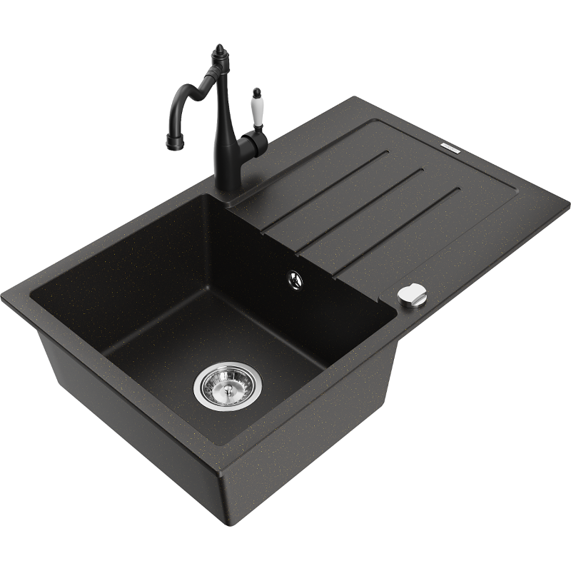 Mexen Bruno vieno dubens granito plautuvė su nusausinimo zona ir virtuvės maišytuvu Carla, juoda/aukso spalva