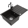 Mexen Bruno vieno dubens granito plautuvė su nusausinimo zona ir virtuvės maišytuvu Carla, juoda/aukso spalva