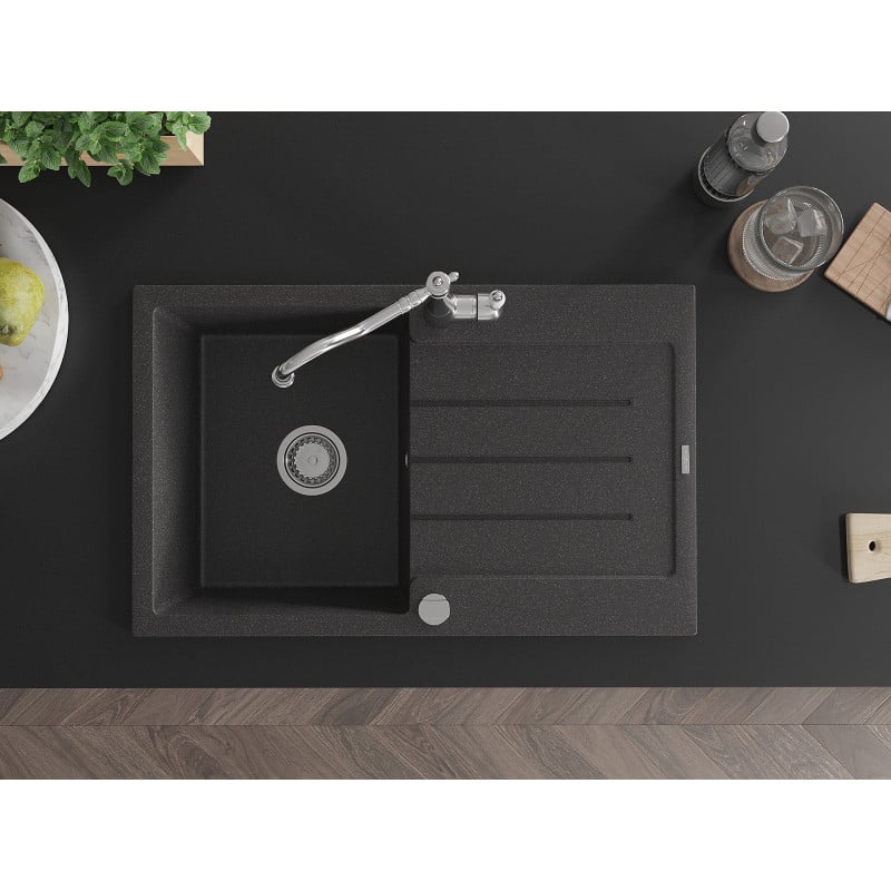 Mexen Bruno vienos kameros granito kriauklė su nusausintuvu ir virtuviniu maišytuvu Carla, juodas su taškeliais