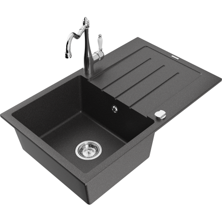 Mexen Bruno vienos kameros granito kriauklė su nusausintuvu ir virtuviniu maišytuvu Carla, juodas su taškeliais