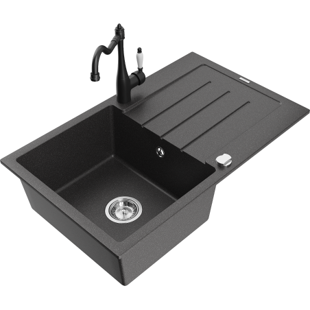 Mexen Bruno granitinė vienos kameros kriauklė su nusausinimo vieta ir virtuvės maišytuvu Carla, juoda su taškuota