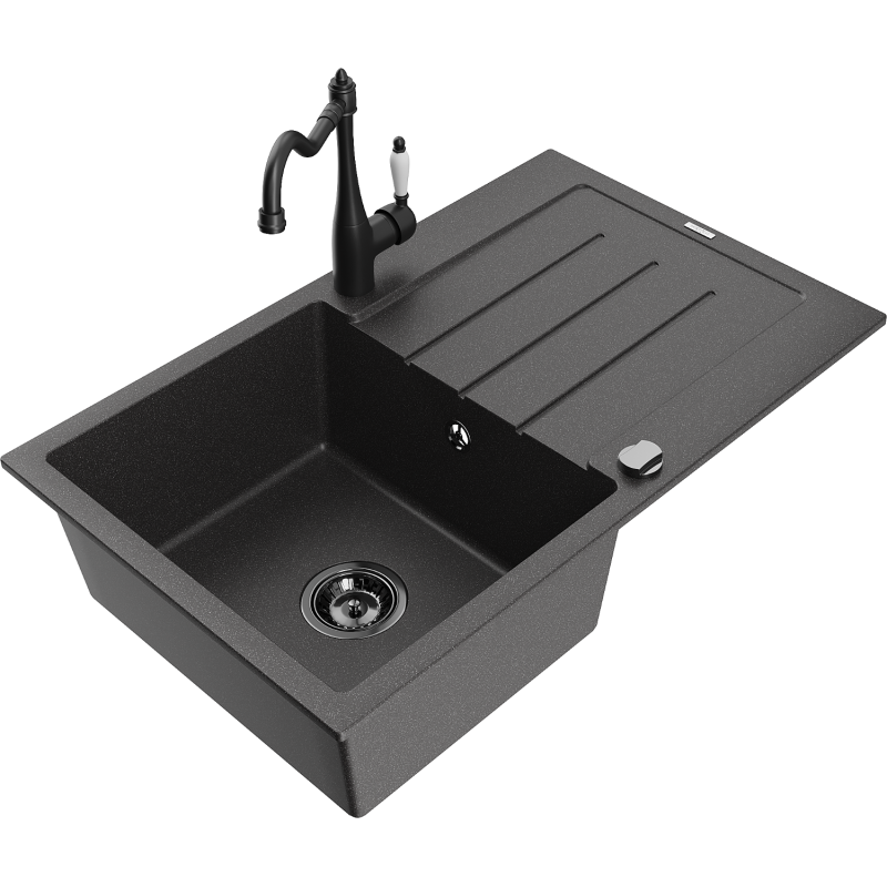 Mexen Bruno granitinė vienos plautuvės virtuvinė kriauklė su nusausintuvu ir virtuviniu maišytuvu Carla, juoda dėmėta