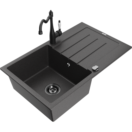Mexen Bruno granitinė vienos plautuvės virtuvinė kriauklė su nusausintuvu ir virtuviniu maišytuvu Carla, juoda dėmėta