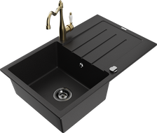 Mexen Bruno granito plautuvė 1 kamerų su nusausintuvu ir virtuvės maišytuvu Carla, juodas - 6513-77-670700-50-B