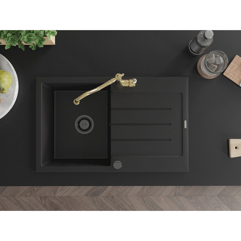 Mexen Bruno granito plautuvė 1 kamerų su nusausintuvu ir virtuvės maišytuvu Carla, juodas - 6513-77-670700-50-B