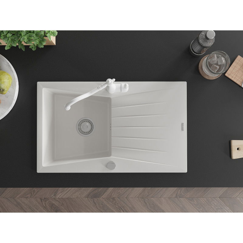 Mexen Cesar granito plautuvė su vienu dubeniu ir nusausintuvu bei virtuviniu maišytuvu Carla, balta - 6514-20-670700-20