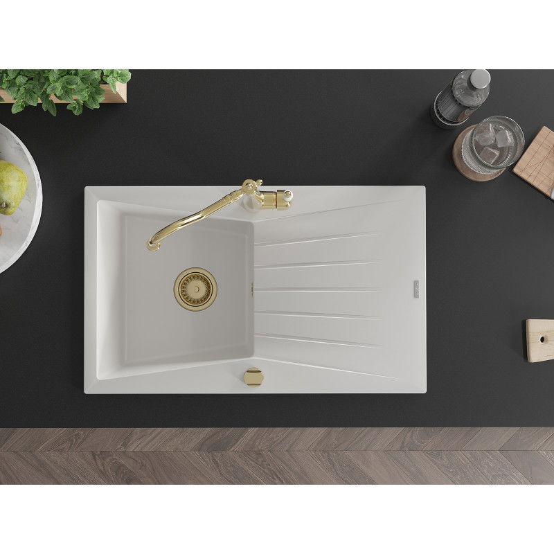 Mexen Cesar vienos kameros granitinė plautuvė su nusausintuvu ir virtuvine maišytuve Carla, balta - 6514-20-670700-50