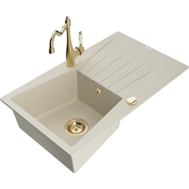 Mexen Cesar granitinė vienos kameros plautuvė su nutekėjimu ir virtuviniu maišytuvu Carla, smėlio spalvos - 6514-69-670700-50