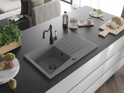 Mexen Cesar vienos dubens granitinė plautuvė su indaplove ir virtuviniu maišytuvu Carla, pilka - 6514-71-670700-70-B