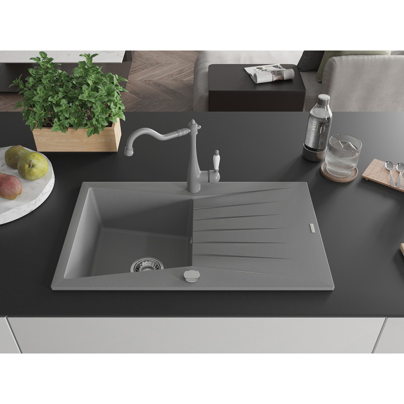 Mexen Cesar granitinė vienos komfos kriauklė su padėklu ir virtuvės maišytuvu Carla, pilka - 6514-71-670700-71
