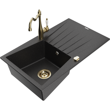 Mexen Cesar granitinė vienos kameros plautuvė su nuvarvėjimo lenta ir virtuviniu maišytuvu Carla, juoda/sidabrinis metalikas