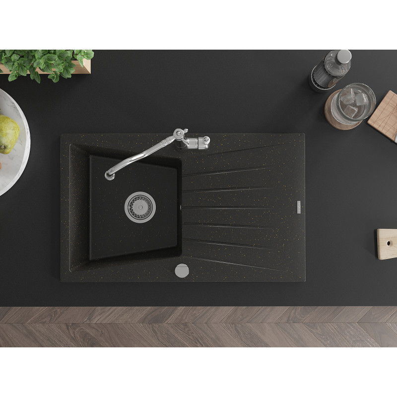 Mexen Cesar granitinė vienos kameros kriauklė su nutekėjimo zonu ir virtuviniu maišytuvu Carla, juoda/auksinis metaliks