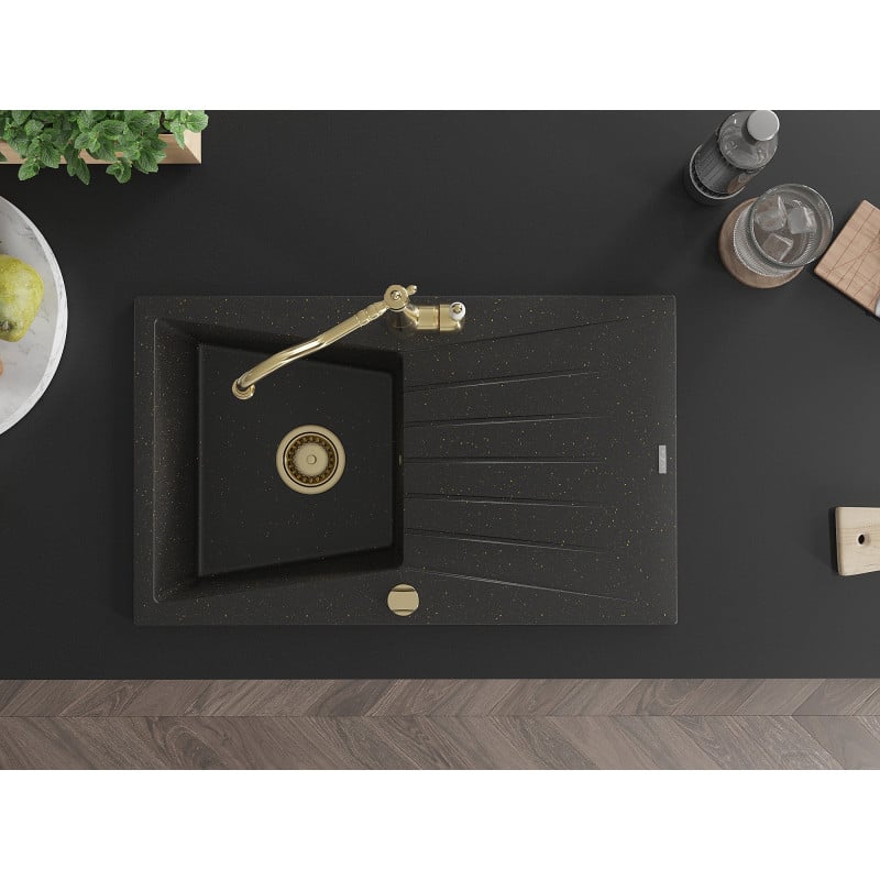 Mexen Cesar granitinė vienos kameros plautuvė su nutekamąja dalimi ir virtuviniu maišytuvu Carla, juoda/auksinis metalikas