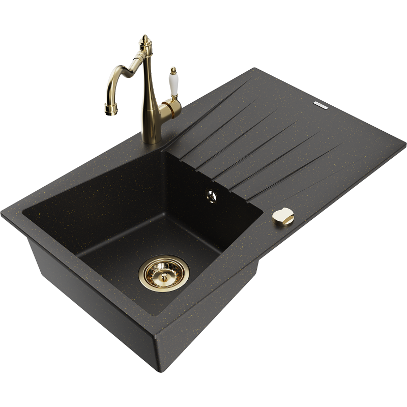 Mexen Cesar granitinė vienos kameros plautuvė su nutekamąja dalimi ir virtuviniu maišytuvu Carla, juoda/auksinis metalikas