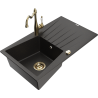 Mexen Cesar granitinė vienos kameros plautuvė su nutekamąja dalimi ir virtuviniu maišytuvu Carla, juoda/auksinis metalikas