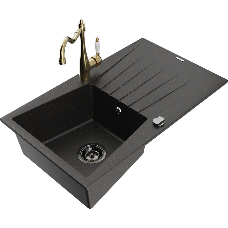 Mexen Cesar granitinė 1 kamerų plautuvė su nusausinimo vieta ir virtuviniu maišytuvu Carla, juodas/auksinis metalo atspalvis