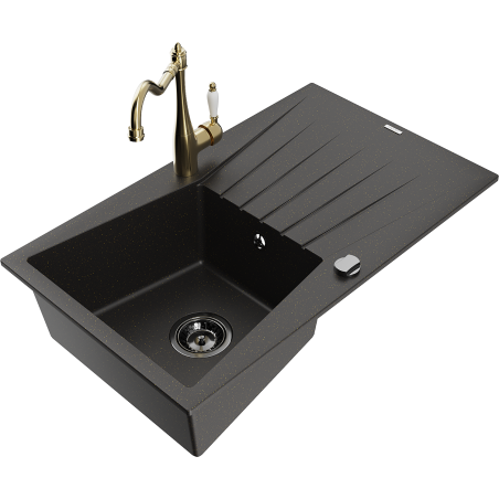 Mexen Cesar granitinė 1 kamerų plautuvė su nusausinimo vieta ir virtuviniu maišytuvu Carla, juodas/auksinis metalo atspalvis