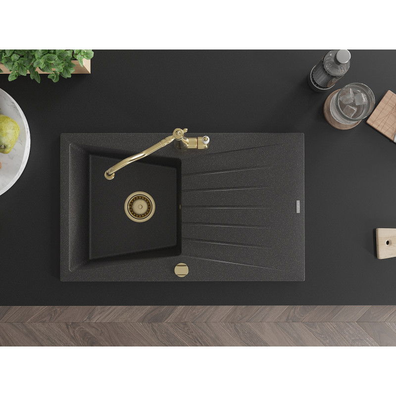 Mexen Cesar granito plautuvė 1-dubens su nusausintuvu ir virtuvės maišytuvu Carla, juodas taškuotas - 6514-76-670700-50