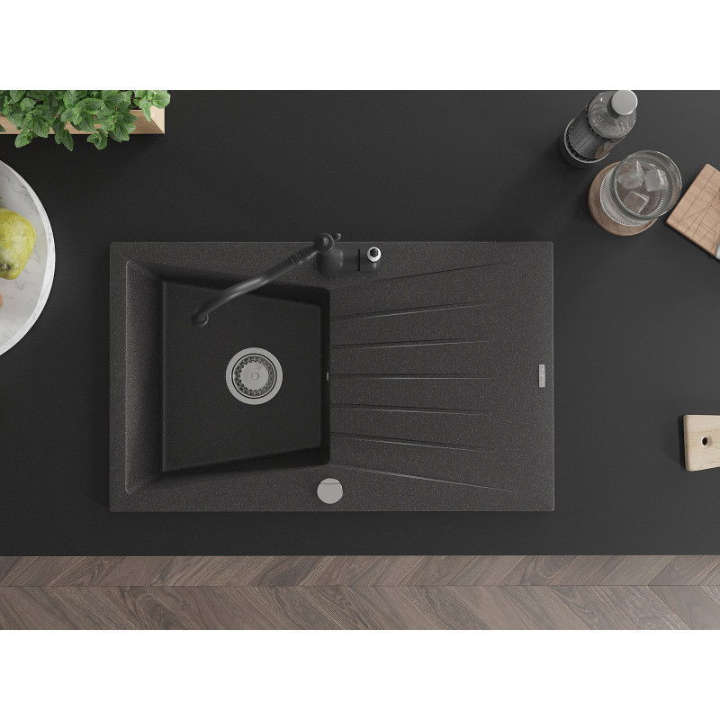 Mexen Cesar vientisas granitinis plautuvas su nutekėjimu ir Carla virtuviniu maišytuvu, juodas dėmėtas - 6514-76-670700-70