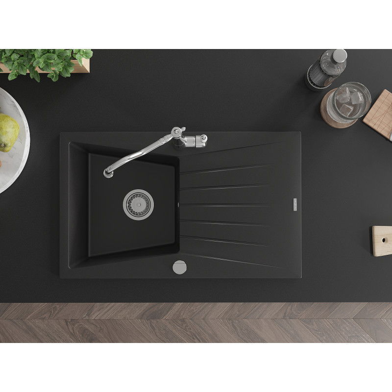 Mexen Cesar granitinis praustuvas su 1 kamera, nutekėjimo plokšte ir virtuviniu maišytuvu Carla, juodas - 6514-77-670700-00