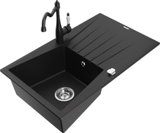 Mexen Cesar granitinė vienos kameros kriauklė su nutekėjimo zona ir virtuviniu maišytuvu Carla, juoda - 6514-77-670700-70