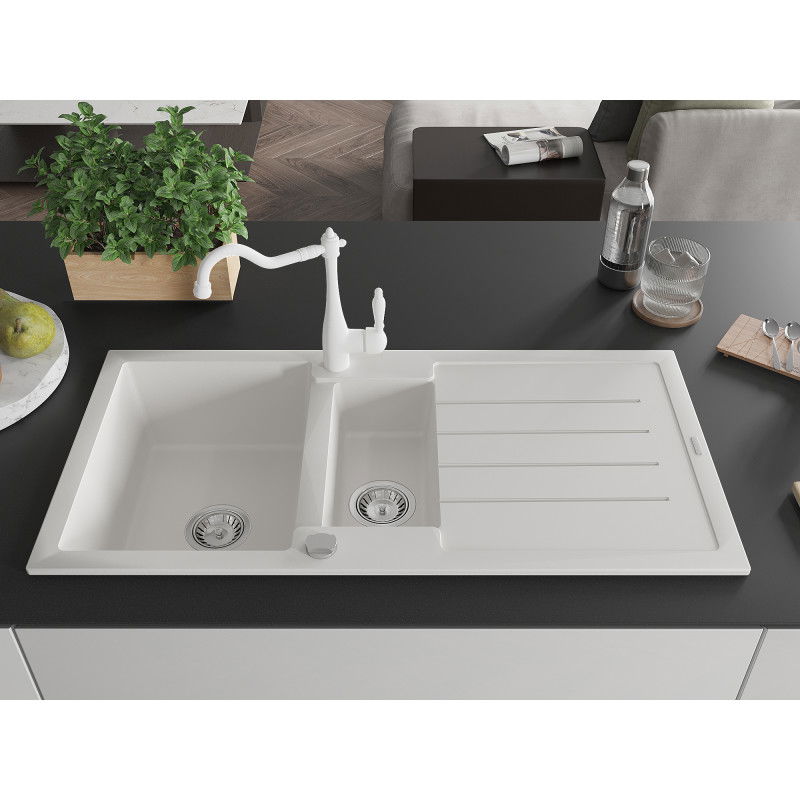 Mexen Andres granito plautuvė 1,5 skyrių su nusausintuvu ir virtuviniu maišytuvu Carla, balta - 6515-20-670700-20