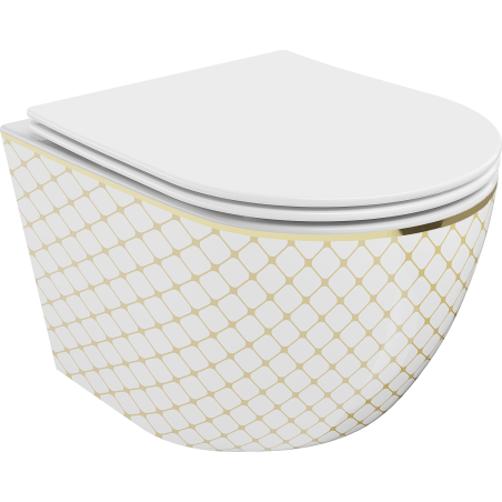 Mexen Lena WC dubenėlis Rimless su lėtai nusileidžiančiu slim dangčiu, duroplast, baltas/auksinis langelių raštas - 30224009