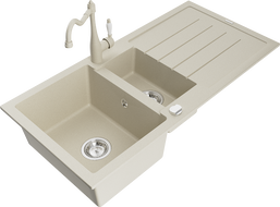 Mexen Andres granito kriauklė su 1,5 kameros ir nuvarvėtoju bei virtuvės maišytuvu Carla, smėlio - 6515-69-670700-69