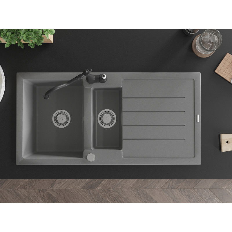 Mexen Andres granitinė 1,5 kamerų kriauklė su nutekėjimo padėklu ir virtuvine maišytuvu Carla, pilka - 6515-71-670700-70