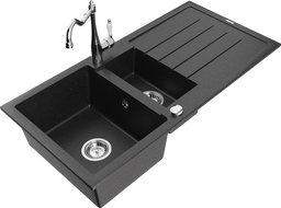 Mexen Andres 1,5 skyrių granitinis plautuvas su nuvarvėjimo skyriumi ir virtuviniu maišytuvu Carla, juodas/sidabrinis