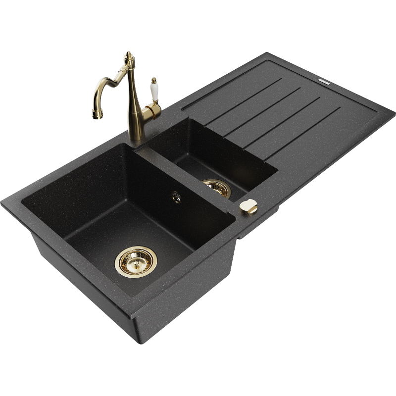 Mexen Andres 1,5 sekcijų granitinis plautuvas su drenažu ir virtuviniu maišytuvu Carla, juodas/sidabrinis - 6515-73-670700-50