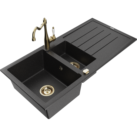 Mexen Andres 1,5 sekcijų granitinis plautuvas su drenažu ir virtuviniu maišytuvu Carla, juodas/sidabrinis - 6515-73-670700-50