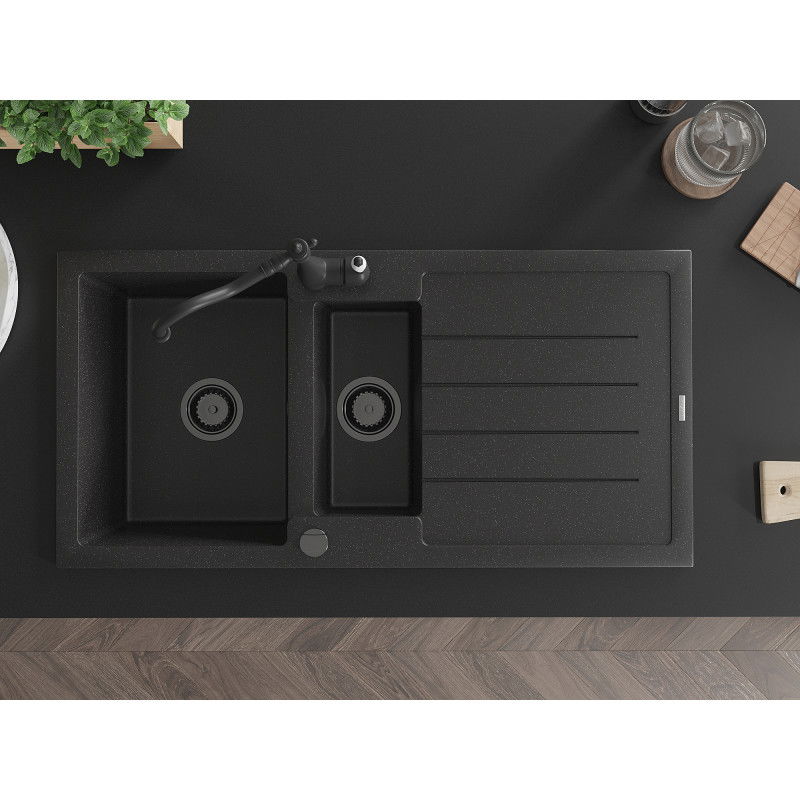 Mexen Andres granitinė 1,5 sekcijų plautuvė su nutekėjimu ir virtuviniu maišytuvu Carla, juoda/sidabrinė - 6515-73-670700-70-B