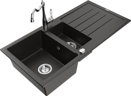 Mexen Andres granitinė 1,5 skyriaus kriauklė su nutekamuoju paviršiumi ir virtuviniu maišytuvu Carla, juodas/auksinis