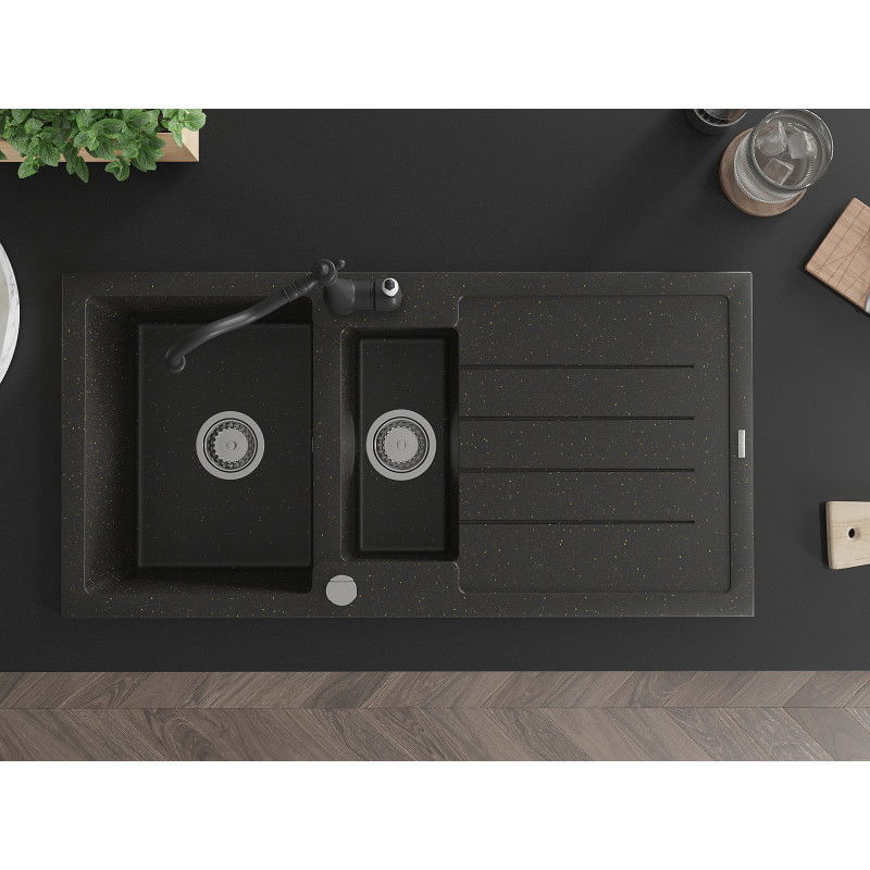 Mexen Andres granitinė 1,5 skylių plautuvė su nuvėžimu ir virtuvių maišytuvu Carla, juoda/auksinė - 6515-75-670700-70