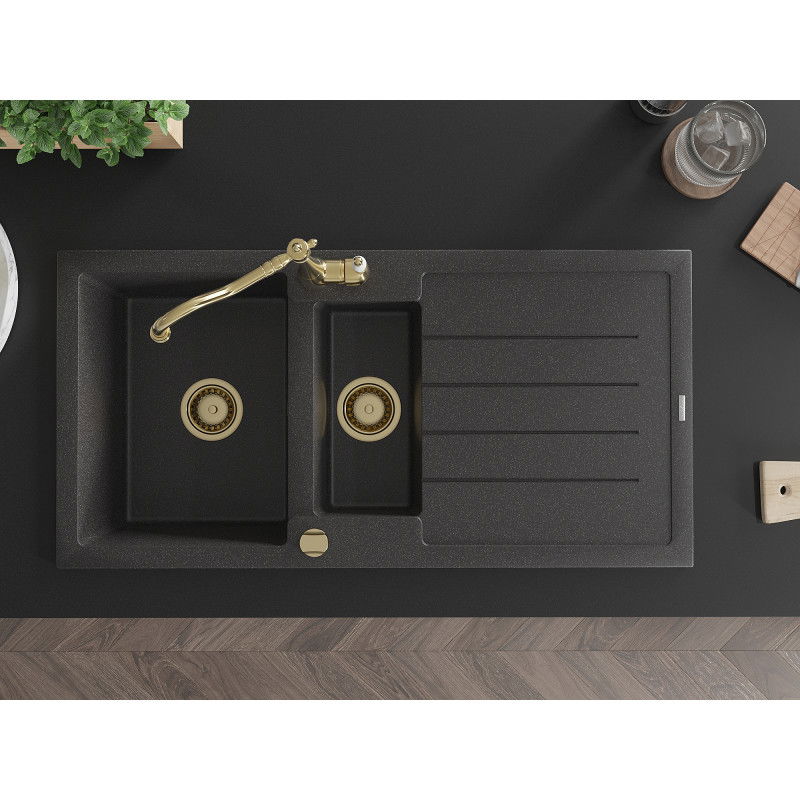 Mexen Andres granitinė plautuvė su 1,5 skyriaus ir nuvarvėjimo lenta bei maišytuvu Carla, juodas taškuotas - 6515-76-670700-50