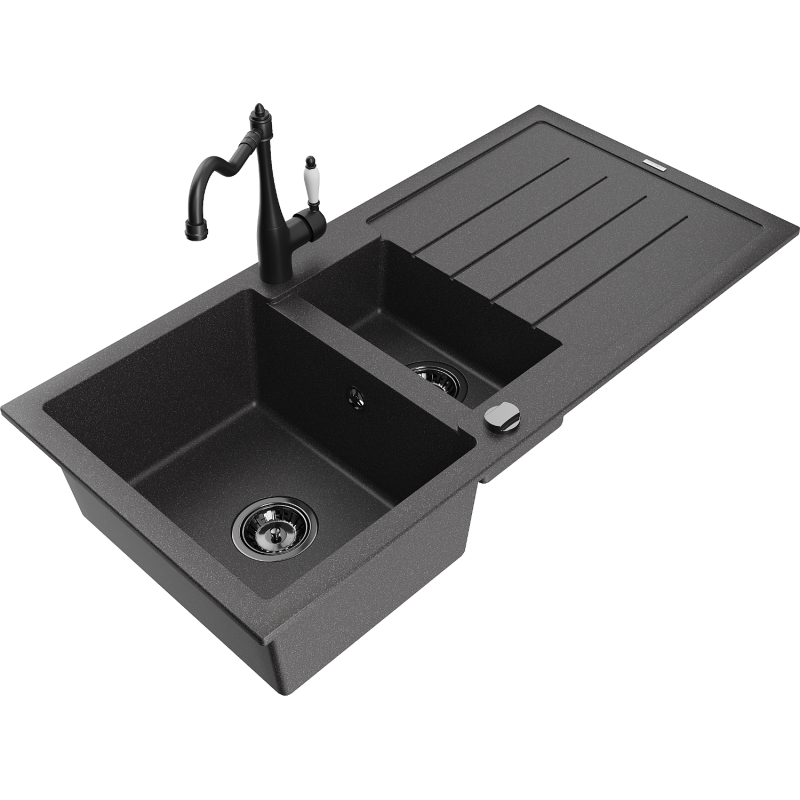 Mexen Andres granito plautuvė su 1,5 kameromis, nusausintuvu ir Carla virtuvės maišytuvu, juoda su taškeliais